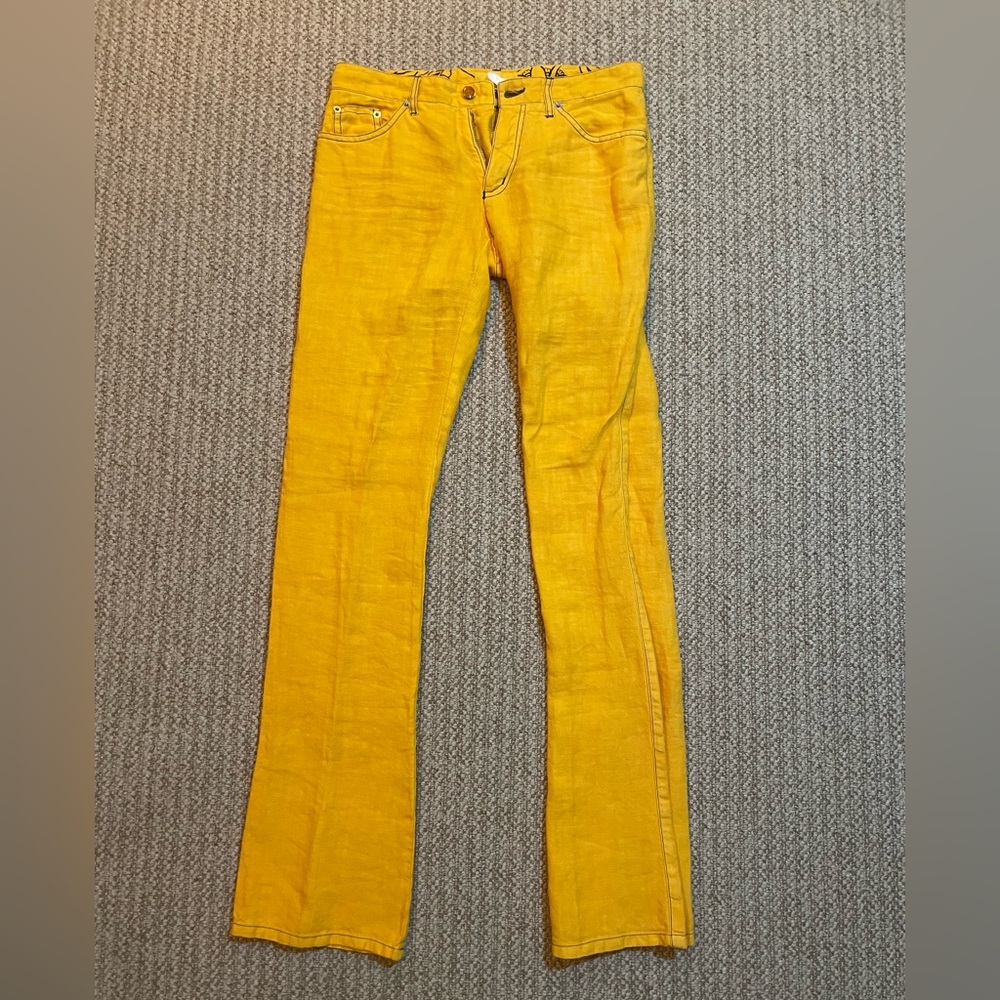 ETRO Milano Yellow 100% Linen Pants Size 28 Embroidered Pockets Made in Italy